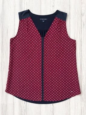 TOMMY HILFIGER  Burgundy and Navy Sleeveless Patterned V-Neck Blouse Medium